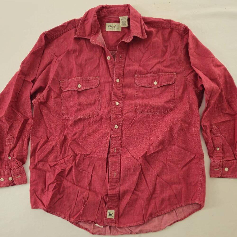Eddie Bauer Washed Red Cotton Twill Workshirt Long Sleeve Large *small flaw*